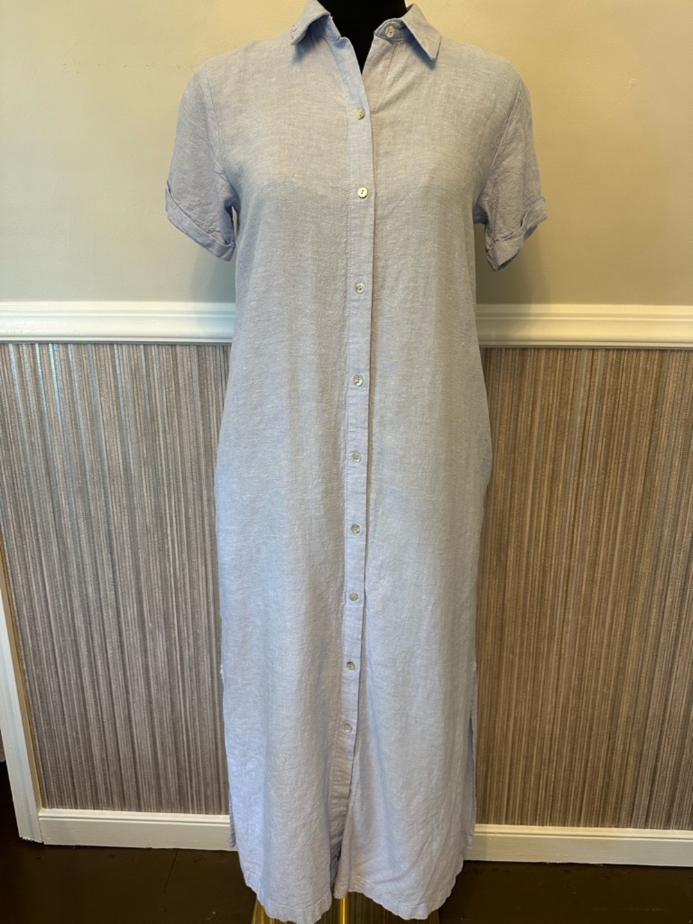 C&C California Linen Shirt Dress XSmall Blue Button Front Midi Coastal